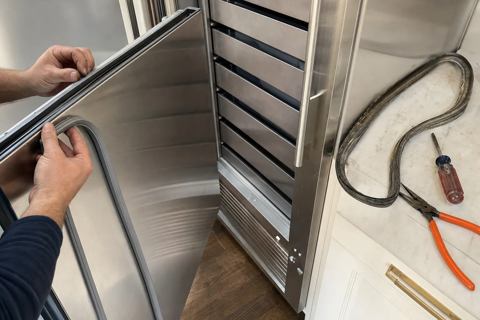 Hands pressing a new gasket into the door of a stainless refrigerator, the old gasket and pliers on the counter