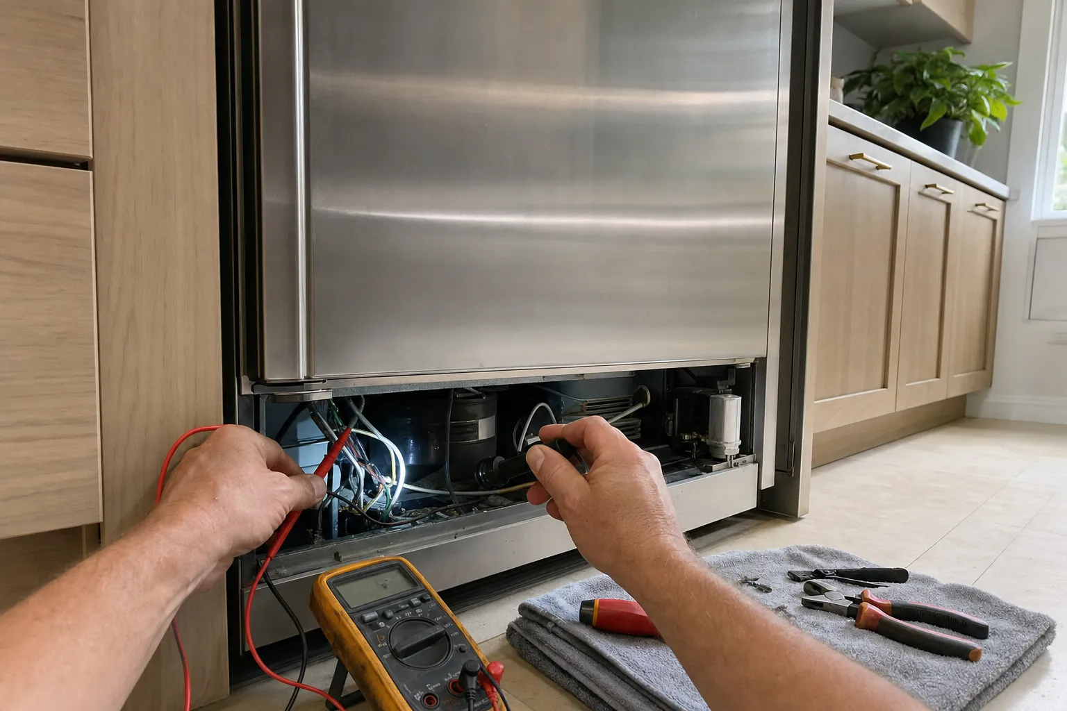 Hands testing the wiring in the lit machine compartment under a stainless built-in door, a multimeter and pliers on a grey towel
