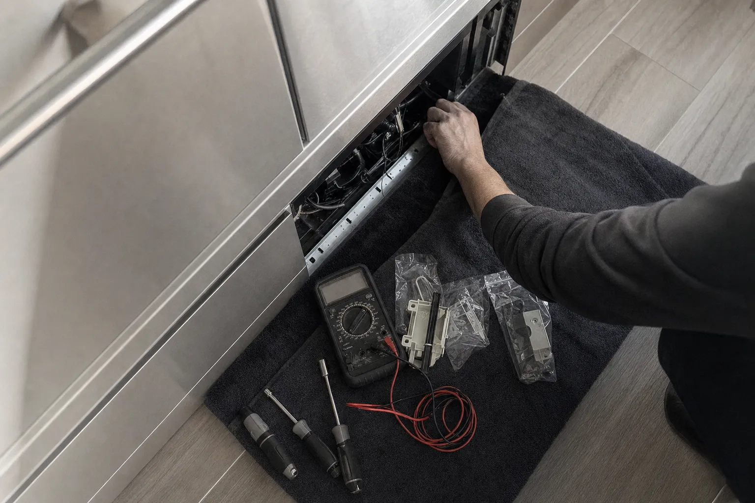 Overhead view of an arm reaching into the open lower panel of a stainless drawer unit, a multimeter, three nut drivers and bagged parts on a dark towel