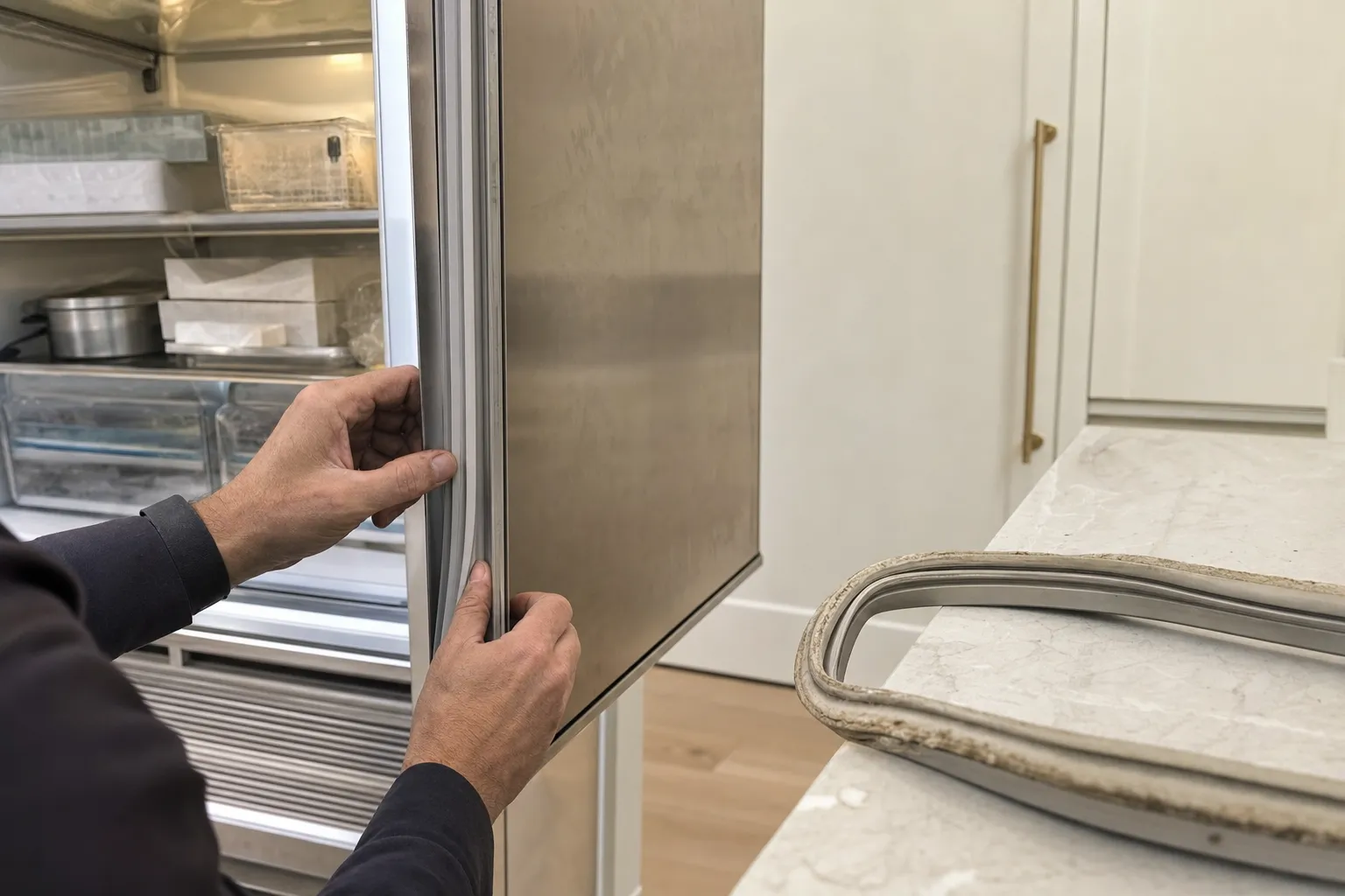 Hands seating a new gasket on the open door of a stocked stainless refrigerator, the old gasket cracked and grimy on a marble counter